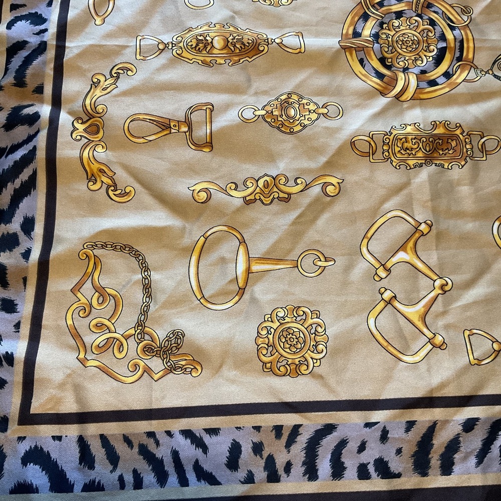Equestrian Animal Print Scarf 20" X 20" square 100% Polyester Gold Beige Black - Picture 4 of 7